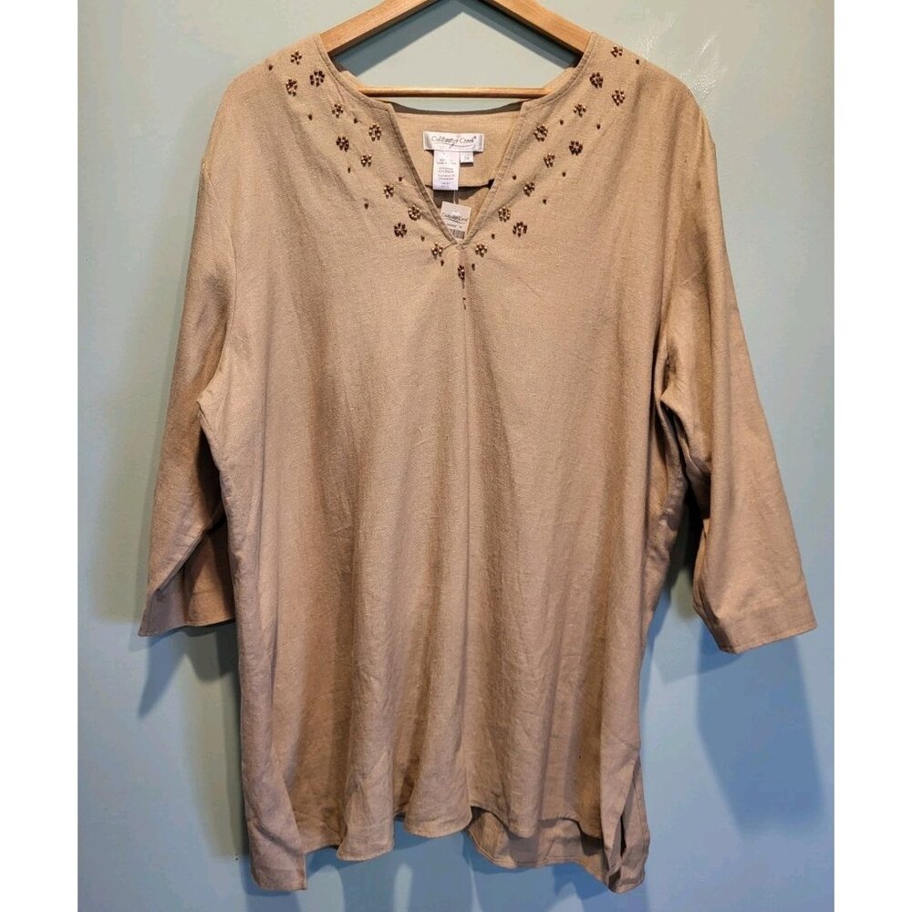 New Coldwater Creek Linen Blend Beaded V Neck 3/4 Sleeve Tunic Top Sz 2X